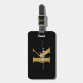 Elegante zwarte gouden script monogram bagagelabel (Voorkant verticaal)