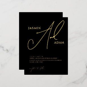 Elegante Zwarte Gouden Script Monogram Huwelijksfo Folie Uitnodiging Briefkaart