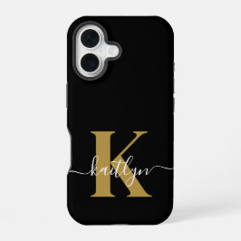 Elegante Zwarte Gouden Script Monogram iPhone 16 Hoesje
