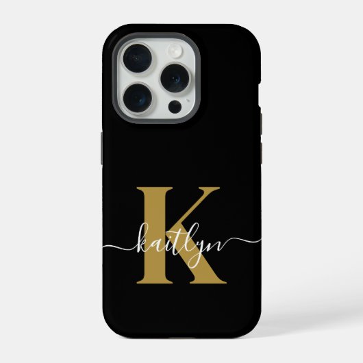 Elegante Zwarte Gouden Script Monogram iPhone Hoesje (Achterkant)