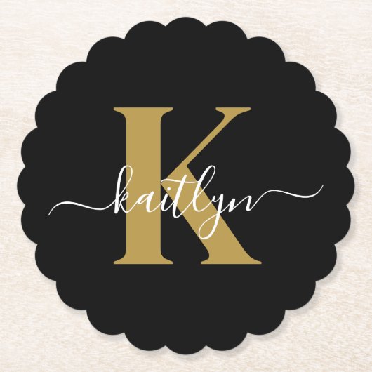 Elegante Zwarte Gouden Script Monogram Kartonnen Onderzetters (Voorkant)