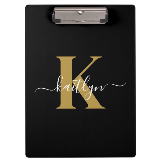 Elegante Zwarte Gouden Script Monogram Klembord (Voorkant)