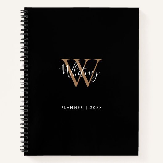 Elegante Zwarte Gouden Script Monogram Naam Notiti Notitieboek (Voorkant)