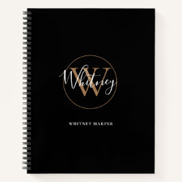 Elegante zwarte gouden script monogram naam notiti notitieboek
