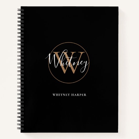 Elegante zwarte gouden script monogram naam notiti notitieboek (Voorkant)