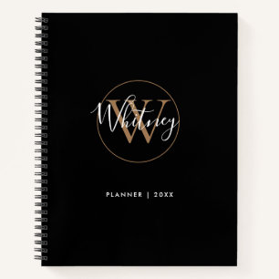 Elegante zwarte gouden script monogram naam notiti notitieboek