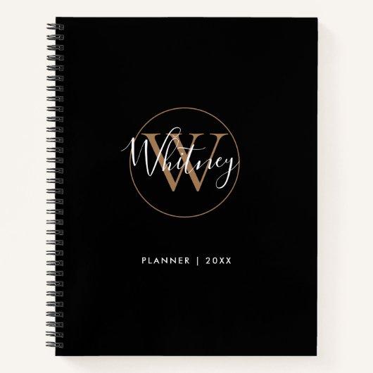 Elegante zwarte gouden script monogram naam notiti notitieboek (Voorkant)