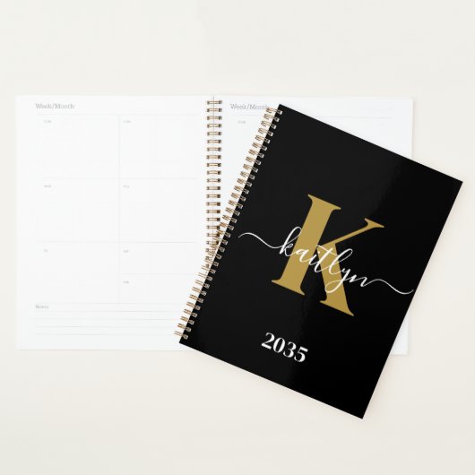 Elegante Zwarte Gouden Script Monogram Planner (Display)