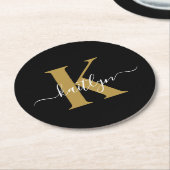 Elegante Zwarte Gouden Script Monogram Ronde Kartonnen Onderzetter (Gebogen)