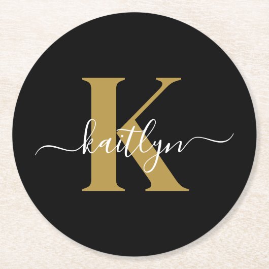 Elegante Zwarte Gouden Script Monogram Ronde Kartonnen Onderzetter (Voorkant)