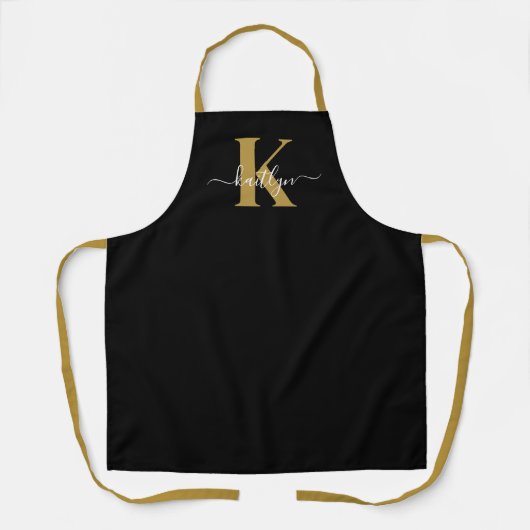 Elegante Zwarte Gouden Script Monogram Schort (Voorkant)