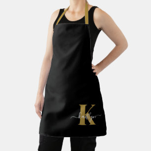 Elegante Zwarte Gouden Script Monogram Schort