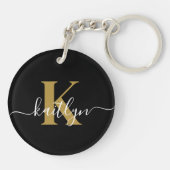 Elegante Zwarte Gouden Script Monogram Sleutelhanger (Achterkant)