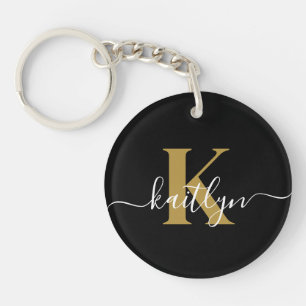Elegante Zwarte Gouden Script Monogram Sleutelhanger