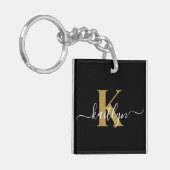 Elegante Zwarte Gouden Script Monogram Sleutelhanger (Voorkant Links)
