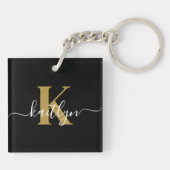 Elegante Zwarte Gouden Script Monogram Sleutelhanger (Achterkant)