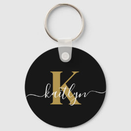 Elegante Zwarte Gouden Script Monogram Sleutelhanger