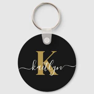 Elegante Zwarte Gouden Script Monogram Sleutelhanger