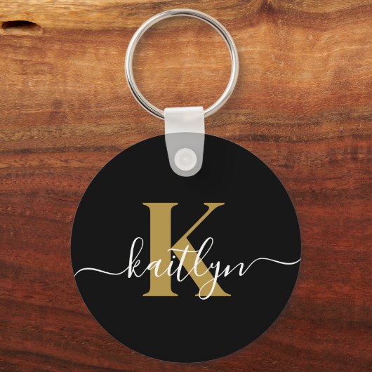 Elegante Zwarte Gouden Script Monogram Sleutelhanger (Achterkant)