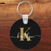 Elegante Zwarte Gouden Script Monogram Sleutelhanger (Voorkant)