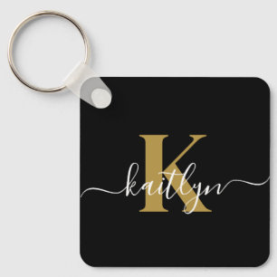 Elegante Zwarte Gouden Script Monogram Sleutelhanger