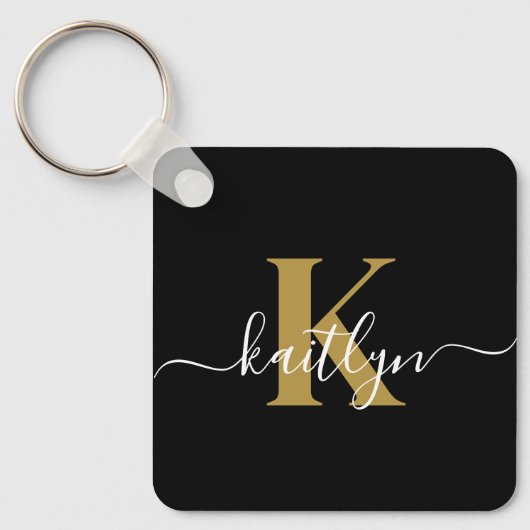 Elegante Zwarte Gouden Script Monogram Sleutelhanger (Voorkant)