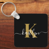 Elegante Zwarte Gouden Script Monogram Sleutelhanger (Voorkant)