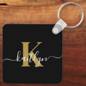 Elegante Zwarte Gouden Script Monogram Sleutelhanger (Achterkant)