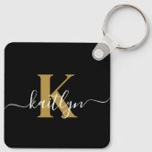 Elegante Zwarte Gouden Script Monogram Sleutelhanger (Achterkant)