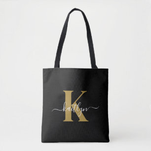 Elegante Zwarte Gouden Script Monogram Tote Bag