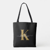 Elegante Zwarte Gouden Script Monogram Tote Bag (Achterkant)