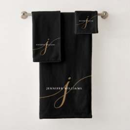 Elegante Zwarte Gouden Script Monogram Typografie Bad Handdoek