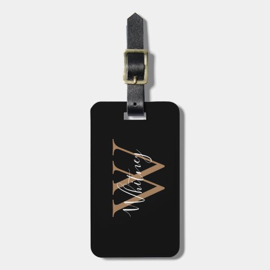 Elegante Zwarte Gouden Script Naam Monogram Bagagelabel (Voorkant verticaal)