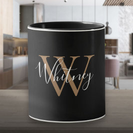 Elegante Zwarte Gouden Script Naam Monogram    Mok