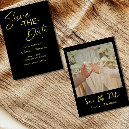 Elegante zwarte & gouden script save the date kaar