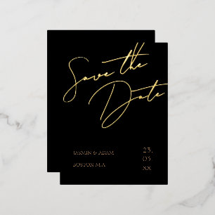Elegante Zwarte Gouden Script Trouw Save The Date Folie Uitnodiging Briefkaart