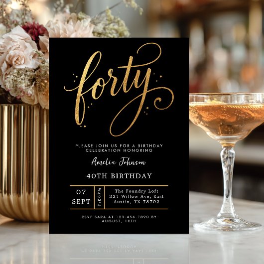 Elegante zwarte & gouden script veertigste 40e ver kaart