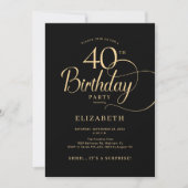 Elegante Zwarte Gouden Script Verrassing 40e Verja Kaart (Voorkant)