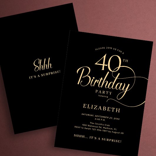 Elegante Zwarte Gouden Script Verrassing 40e Verja Kaart