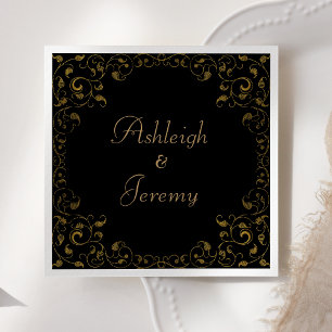 Elegante Zwarte Gouden Script Vintage Loof Huwelij Servet