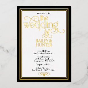 Elegante Zwarte Gouden Sierlijke Typografie Trouw Folie Uitnodiging