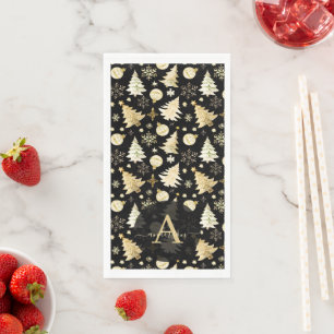 Elegante zwarte gouden sneeuwvlokken kerstboom bal servet