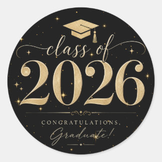 Elegante Zwarte Gouden Sterren Afstudeerklas 2026 Ronde Sticker