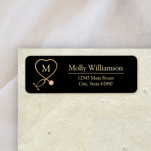 Elegante zwarte gouden stethoscoop monogramadres etiket