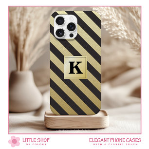 Elegante Zwarte Gouden Strepen Monogram iPhone 15 Case