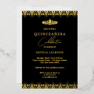 Elegante Zwarte Gouden Tiara Quinceanera Folie Uitnodiging