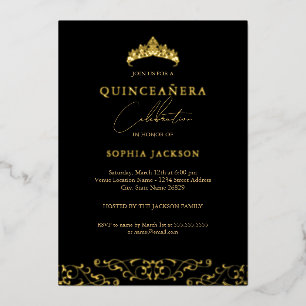 Elegante Zwarte Gouden Tiara Script Quinceanera Folie Uitnodiging