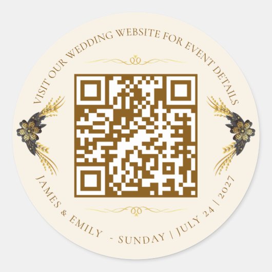 Elegante zwarte & gouden trouw-QR-code Ronde Sticker (Voorkant)