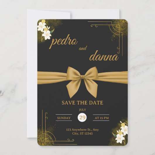 Elegante zwarte & gouden trouwuitnodiging kaart (Voorkant)