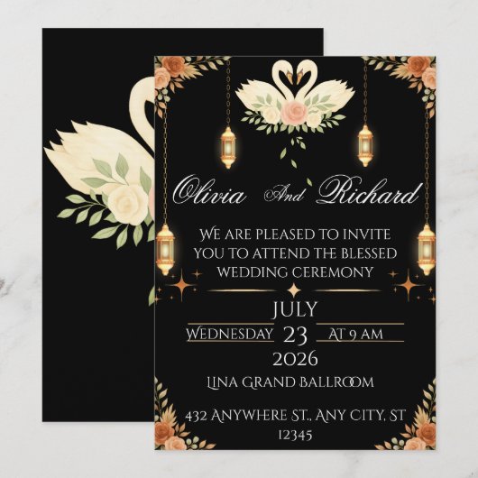 Elegante zwarte & gouden trouwuitnodiging template kaart (Voorkant / Achterkant)